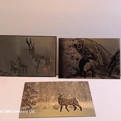 Three laser art tin / metal Antelope - Elk and Big horn in the snow