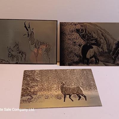Three laser art tin / metal Antelope - Elk and Big horn in the snow