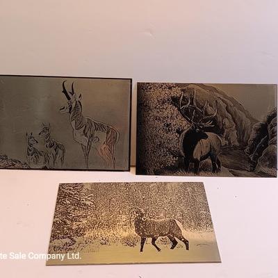 Three laser art tin / metal Antelope - Elk and Big horn in the snow