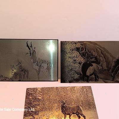 Three laser art tin / metal Antelope - Elk and Big horn in the snow