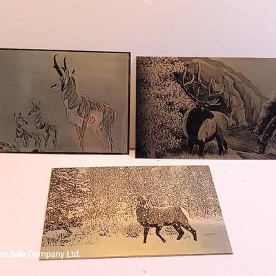 Three laser art tin / metal Antelope - Elk and Big horn in the snow
