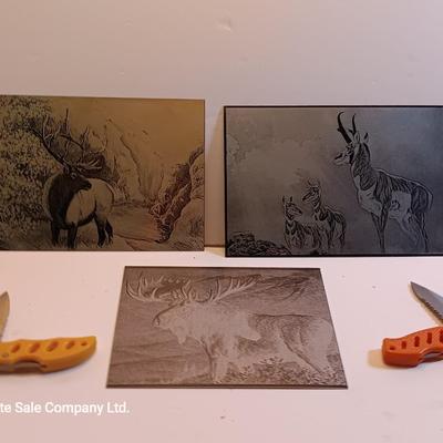 Metal / tin laser art - moose - antelope- and elk with two pocketknives