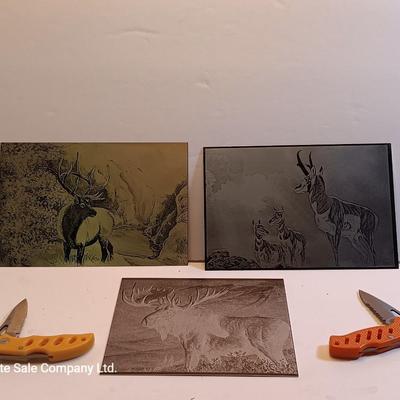 Metal / tin laser art - moose - antelope- and elk with two pocketknives