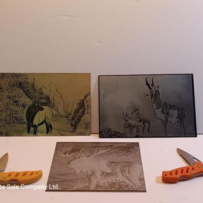 Metal / tin laser art - moose - antelope- and elk with two pocketknives