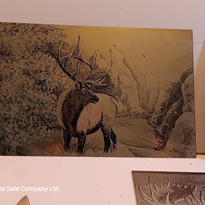 Metal / tin laser art - moose - antelope- and elk with two pocketknives