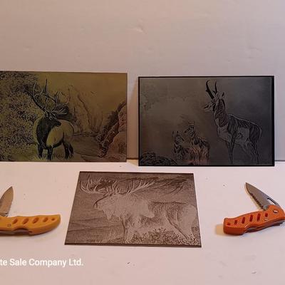 Metal / tin laser art - moose - antelope- and elk with two pocketknives