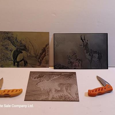 Metal / tin laser art - moose - antelope- and elk with two pocketknives