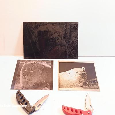 Three laser art tiles - Owls- lion and polar near with two pocketknives