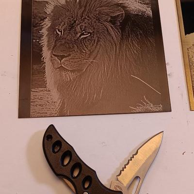 Three laser art tiles - Owls- lion and polar near with two pocketknives