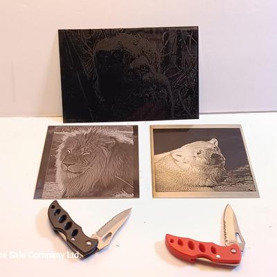 Three laser art tiles - Owls- lion and polar near with two pocketknives