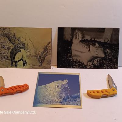 Three laser art tin / metal elk - squirrel - and Polar bear with two pocketknives