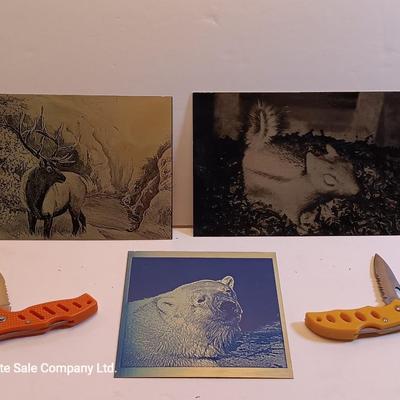 Three laser art tin / metal elk - squirrel - and Polar bear with two pocketknives