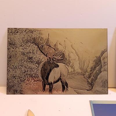 Three laser art tin / metal elk - squirrel - and Polar bear with two pocketknives