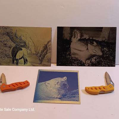 Three laser art tin / metal elk - squirrel - and Polar bear with two pocketknives