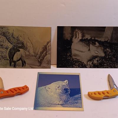 Three laser art tin / metal elk - squirrel - and Polar bear with two pocketknives