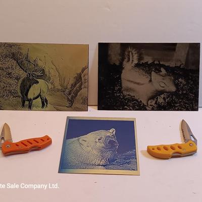 Three laser art tin / metal elk - squirrel - and Polar bear with two pocketknives