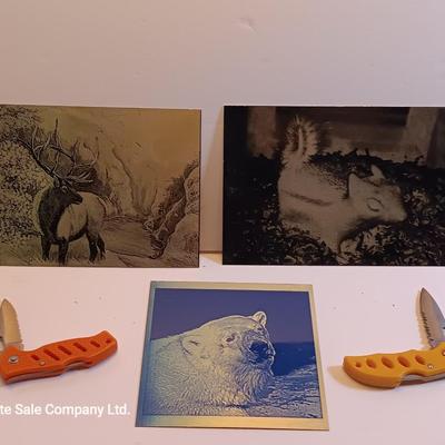 Three laser art tin / metal elk - squirrel - and Polar bear with two pocketknives
