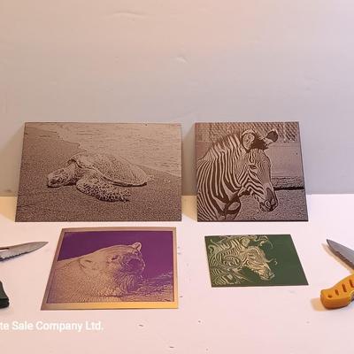 Laser art tiles tin with turtle - Zebra- Polar bear and two pocketknives