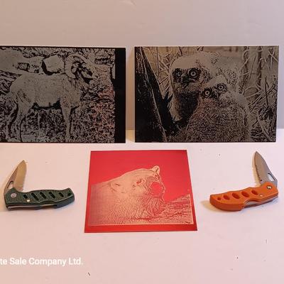 Laser art tin tiles - big horn - Owls and polar bear with two pocketknives