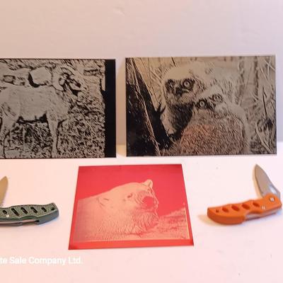 Laser art tin tiles - big horn - Owls and polar bear with two pocketknives