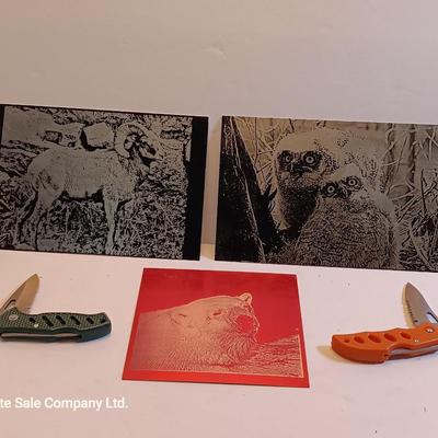 Laser art tin tiles - big horn - Owls and polar bear with two pocketknives