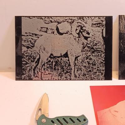 Laser art tin tiles - big horn - Owls and polar bear with two pocketknives