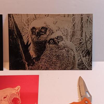 Laser art tin tiles - big horn - Owls and polar bear with two pocketknives