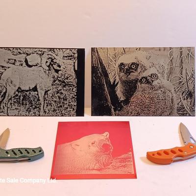 Laser art tin tiles - big horn - Owls and polar bear with two pocketknives