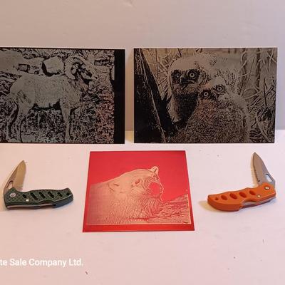 Laser art tin tiles - big horn - Owls and polar bear with two pocketknives