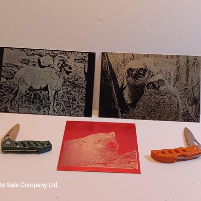 Laser art tin tiles - big horn - Owls and polar bear with two pocketknives
