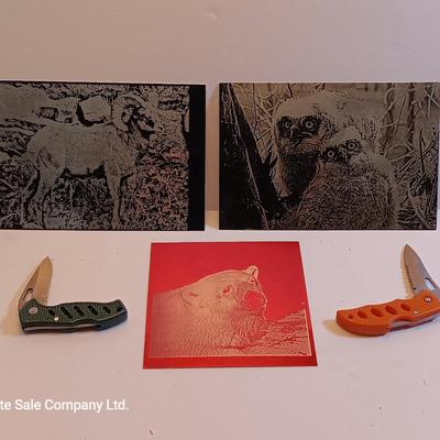 Laser art tin tiles - big horn - Owls and polar bear with two pocketknives