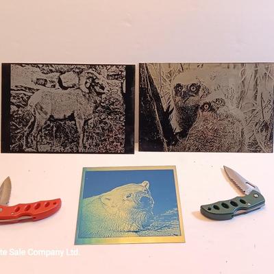 Laser art metal / tin tiles with two pocketknives big horn -- Owls - polar bear