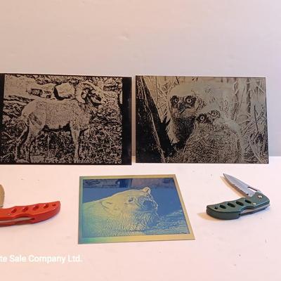 Laser art metal / tin tiles with two pocketknives big horn -- Owls - polar bear