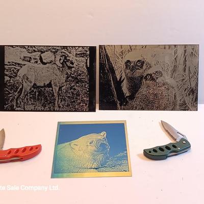 Laser art metal / tin tiles with two pocketknives big horn -- Owls - polar bear