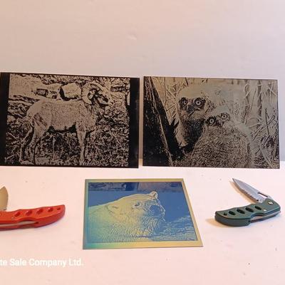 Laser art metal / tin tiles with two pocketknives big horn -- Owls - polar bear