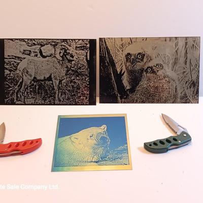 Laser art metal / tin tiles with two pocketknives big horn -- Owls - polar bear