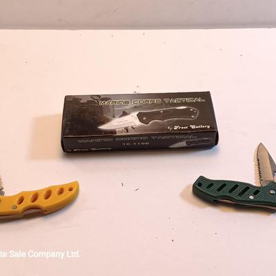 Three Frost Cutlery pocketknives - Marine Corps Tactical and two smaller ones