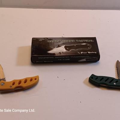 Three Frost Cutlery pocketknives - Marine Corps Tactical and two smaller ones
