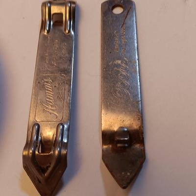 Velvet tobacco metal tins with Coors pottery ashtray and metal can openers