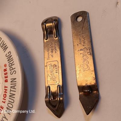 Velvet tobacco metal tins with Coors pottery ashtray and metal can openers
