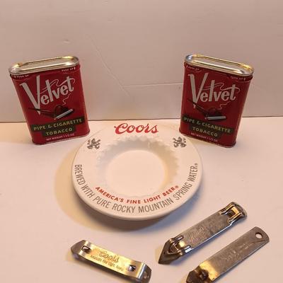 Velvet tobacco metal tins with Coors pottery ashtray and metal can openers