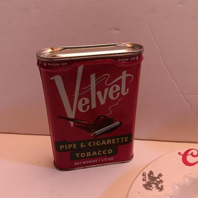Velvet tobacco metal tins with Coors pottery ashtray and metal can openers