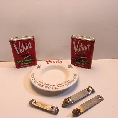 Velvet tobacco metal tins with Coors pottery ashtray and metal can openers