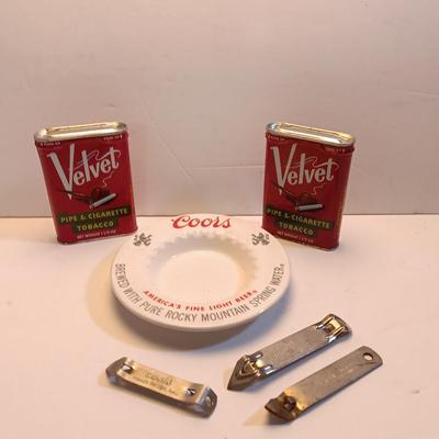 Velvet tobacco metal tins with Coors pottery ashtray and metal can openers