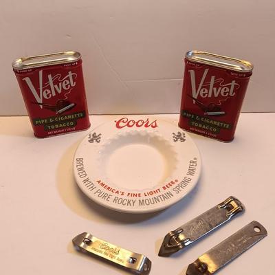 Velvet tobacco metal tins with Coors pottery ashtray and metal can openers