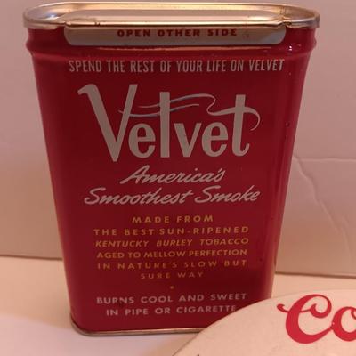 Velvet tobacco metal tins with Coors pottery ashtray and metal can openers