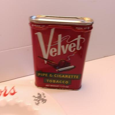 Velvet tobacco metal tins with Coors pottery ashtray and metal can openers
