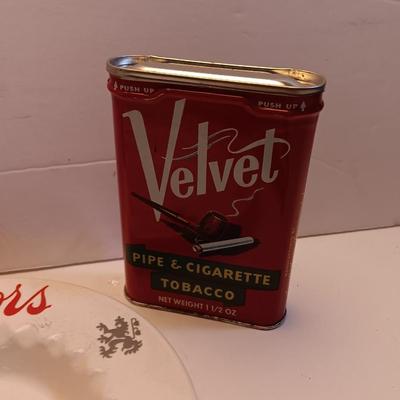 Velvet tobacco metal tins with Coors pottery ashtray and metal can openers