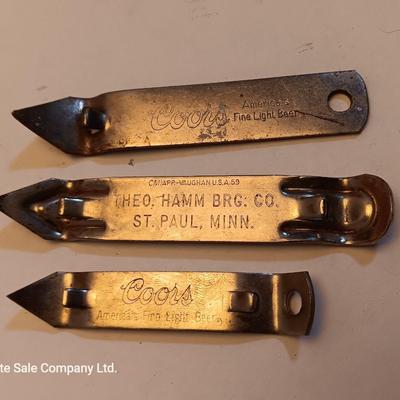 Velvet tobacco metal tins with Coors pottery ashtray and metal can openers