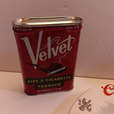Velvet tobacco metal tins with Coors pottery ashtray and metal can openers